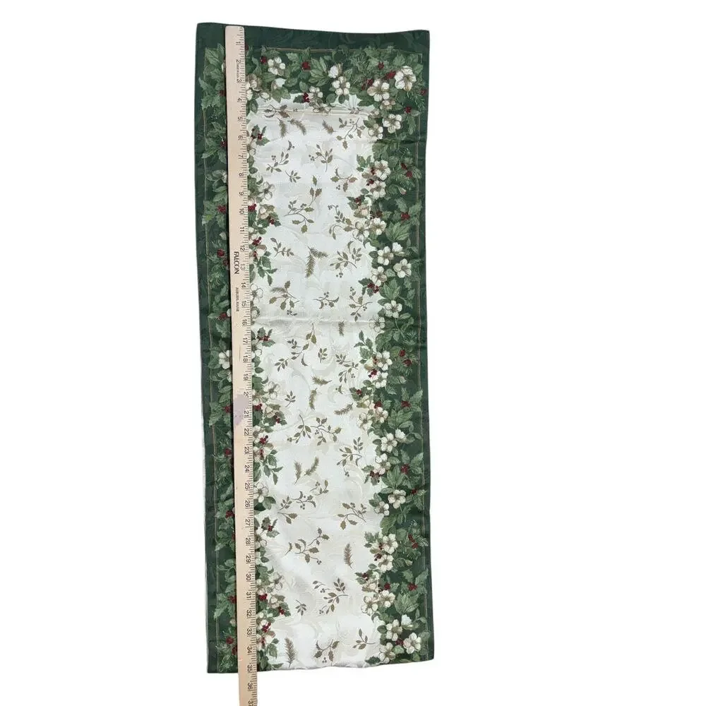 Vintage Christmas Holiday Green Cream Holly Floral Jacquard Table Runner+Napkins